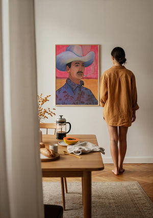 Maverick toile cowboy art print by Caya Crum, velvet mat close view