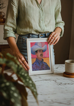 Jesse cowboy art print by Caya Crum — neutral frame room mockup