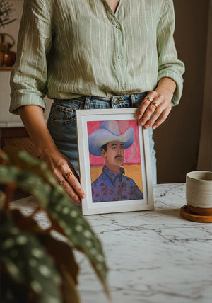 Maverick toile cowboy art print by Caya Crum in a neutral frame