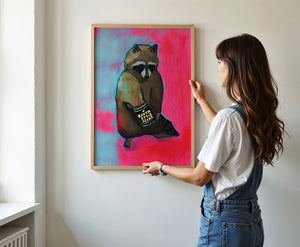 Raccoon & Ranch Style Beans weirdcore art print by Caya Crum — framed vertical room scene