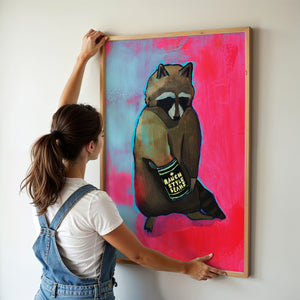 Raccoon & Ranch Style Beans weirdcore art print by Caya Crum — framed vertical room scene