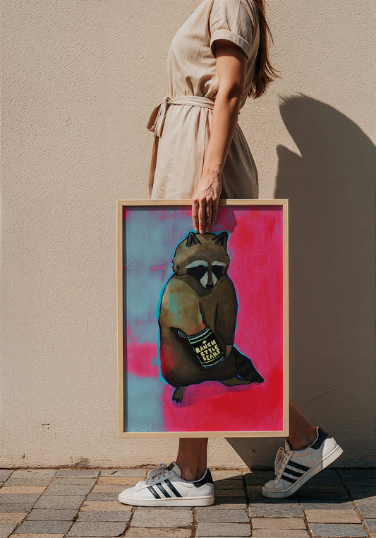 Raccoon & Ranch Style Beans weirdcore art print by Caya Crum — framed with velvet mat
