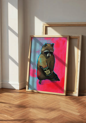 Raccoon & Ranch Style Beans weirdcore art print by Caya Crum — neutral frame room mockup