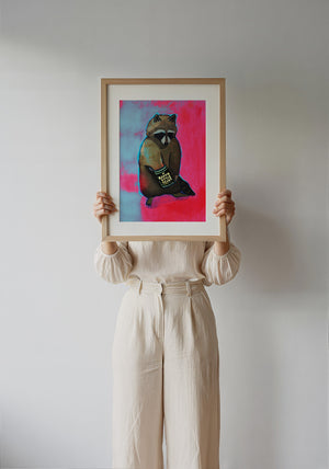 Raccoon & Ranch Style Beans weirdcore art print by Caya Crum — framed with velvet mat