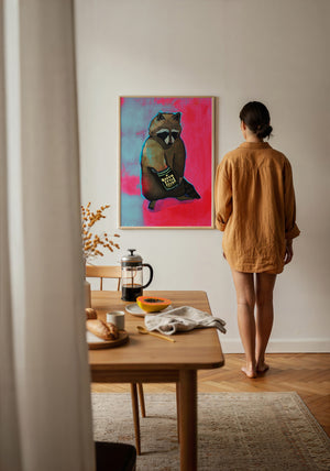Raccoon & Ranch Style Beans weirdcore art print by Caya Crum — framed with velvet mat