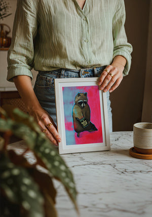 Raccoon & Ranch Style Beans weirdcore art print by Caya Crum — neutral frame room mockup