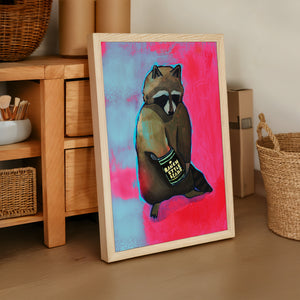 Raccoon & Ranch Style Beans weirdcore art print by Caya Crum — framed vertical room scene