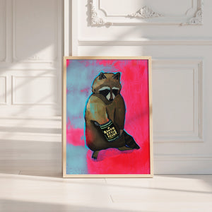 Raccoon & Ranch Style Beans weirdcore art print by Caya Crum — neutral frame room mockup