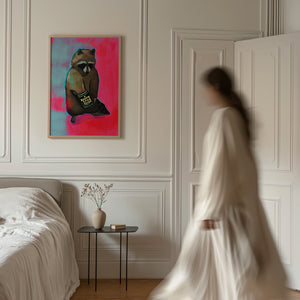 Raccoon & Ranch Style Beans weirdcore art print by Caya Crum — framed vertical room scene