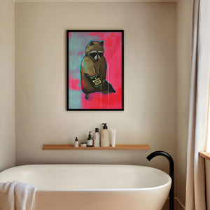Raccoon & Ranch Style Beans weirdcore art print by Caya Crum — framed vertical room scene