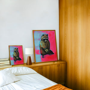 Raccoon & Ranch Style Beans weirdcore art print by Caya Crum — framed in a wood-accent room