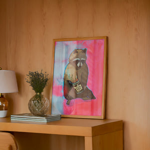 Raccoon & Ranch Style Beans weirdcore art print by Caya Crum — framed in a wood-accent room