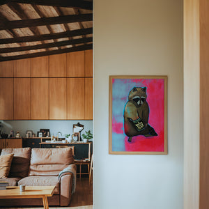 Raccoon & Ranch Style Beans weirdcore art print by Caya Crum — framed in a wood-accent room