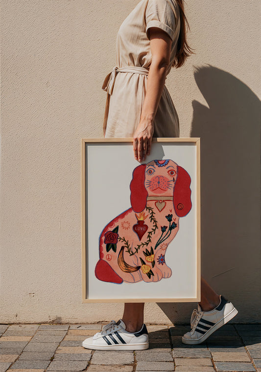 Staffordshire Tattoo Dog dog art print by Caya Crum — framed with velvet mat
