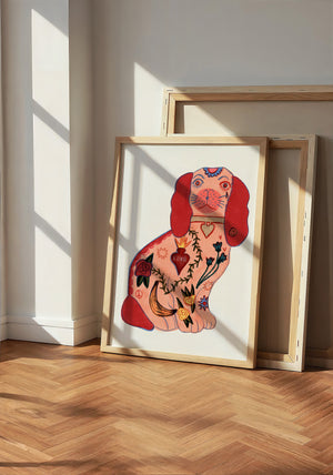 Staffordshire Tattoo Dog dog art print by Caya Crum — neutral frame room mockup