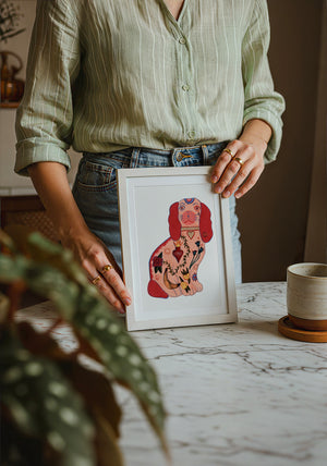 Staffordshire Tattoo Dog dog art print by Caya Crum — neutral frame room mockup