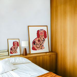 Staffordshire Tattoo Dog dog art print by Caya Crum — framed in a wood-accent room