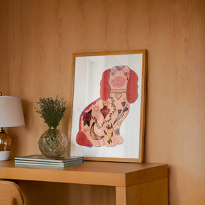 Staffordshire Tattoo Dog dog art print by Caya Crum — framed in a wood-accent room
