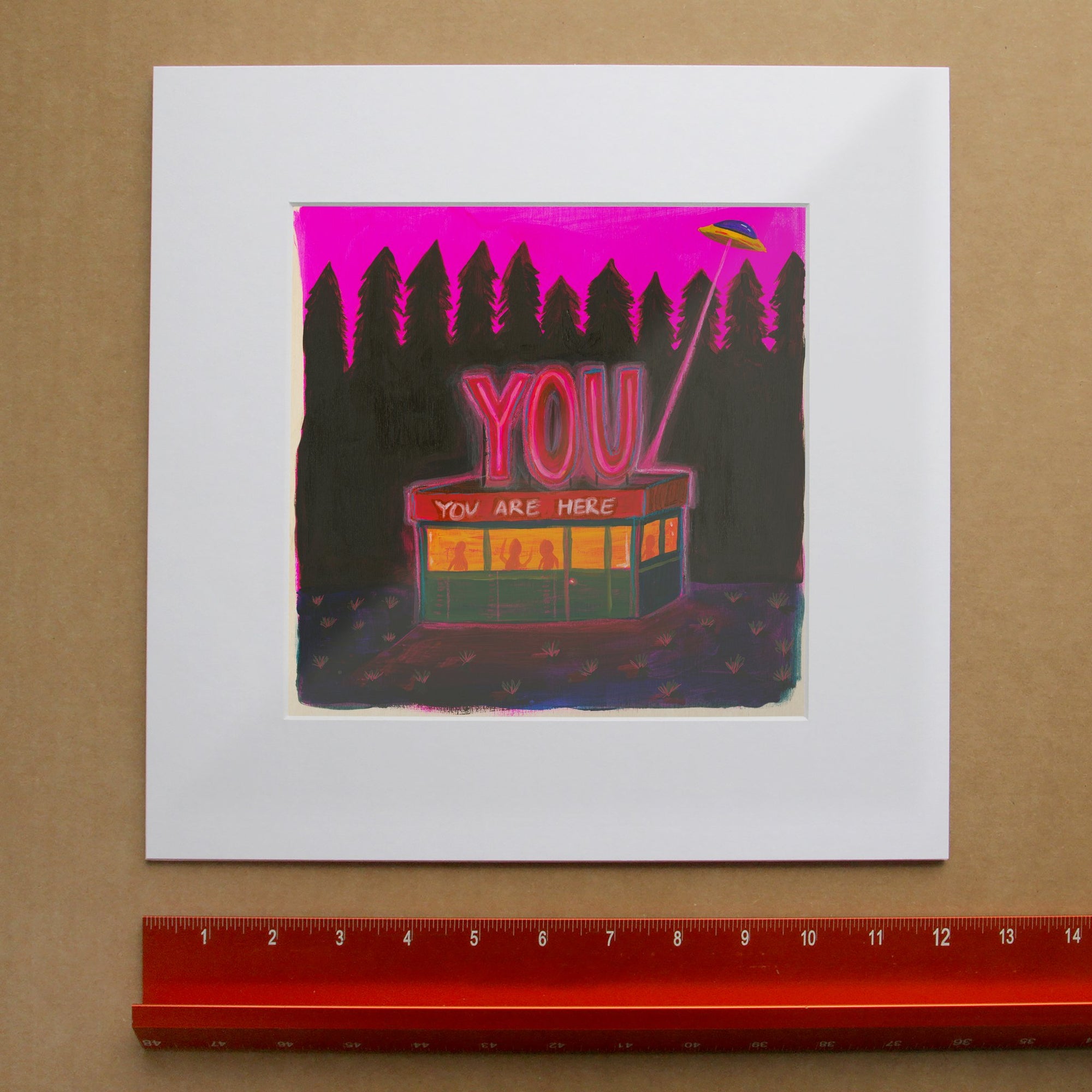 UFO Diner Hot Pink weirdcore art print by Caya Crum — framed room mockup