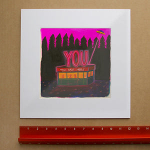 UFO Diner Hot Pink weirdcore art print by Caya Crum — framed room mockup