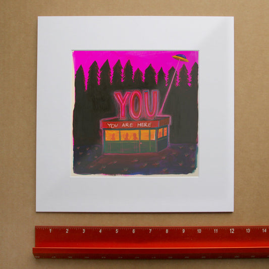 UFO Diner Hot Pink weirdcore art print by Caya Crum — framed room mockup