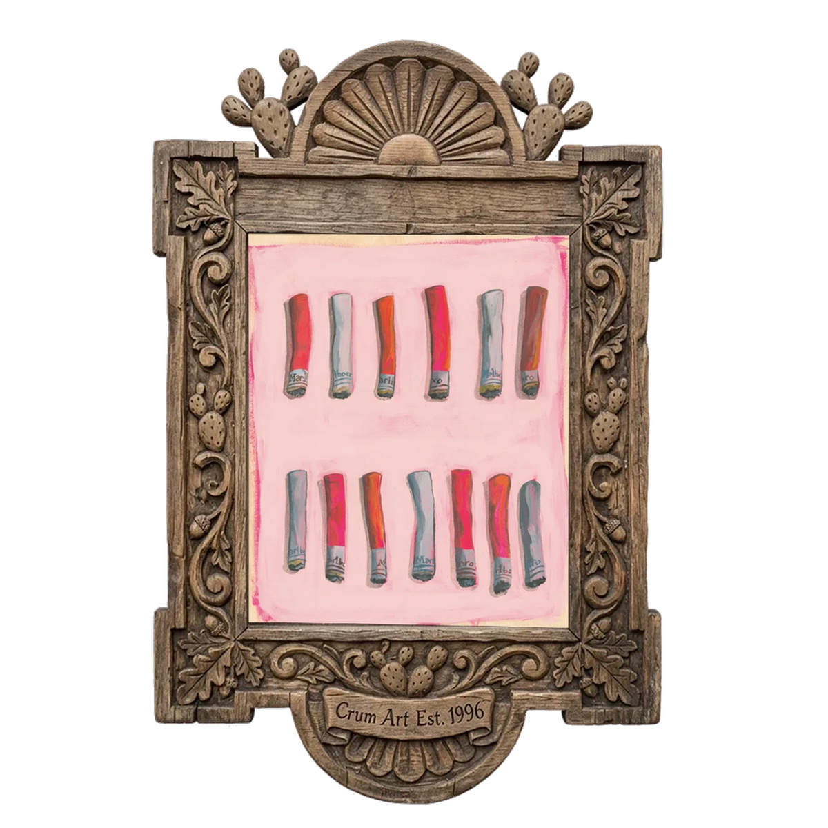 Cigarette Study - Lucky 13 — pink wall art print by Caya Crum in a horizontal carved wood frame