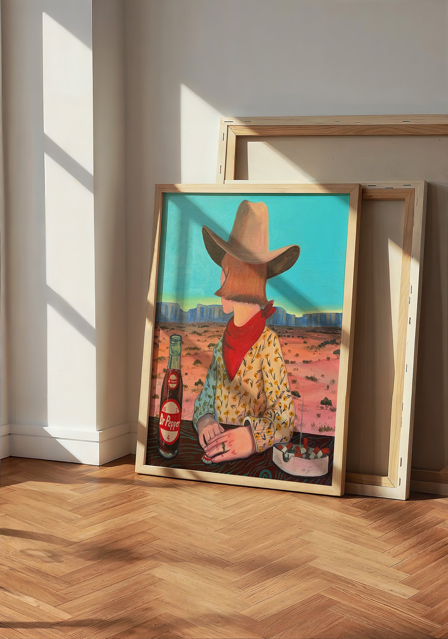 Caya's World Desert Self Portrait Dr Pepper art print by Caya Crum — neutral frame room mockup