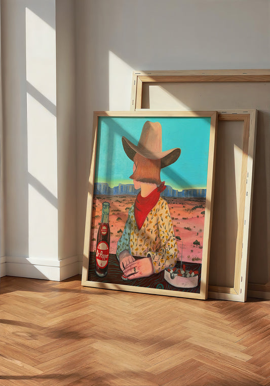Caya's World Desert Self Portrait Dr Pepper art print by Caya Crum — neutral frame room mockup