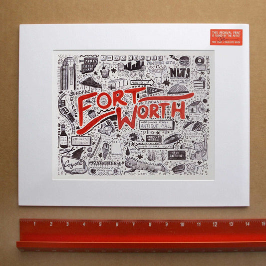 Fort Worth Pen And Ink Icons art print by Caya Crum on cotton rag paper with archival inks, Texas wall decor