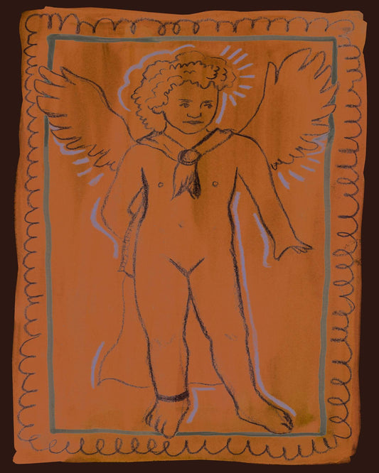 Cupid Greco Roman Print with warm sienna tones, haloed wings, archival giclée on cotton rag by Caya Crum