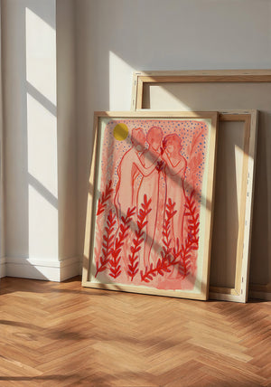 Greco Roman Dancing Maidens pink wall art print by Caya Crum — neutral frame room mockup