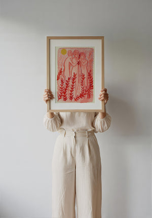 Greco Roman Dancing Maidens pink wall art print by Caya Crum — framed with velvet mat
