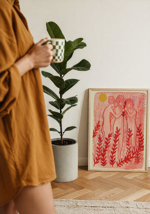 Greco Roman Dancing Maidens pink wall art print by Caya Crum — framed with velvet mat