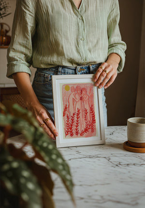 Greco Roman Dancing Maidens pink wall art print by Caya Crum — neutral frame room mockup