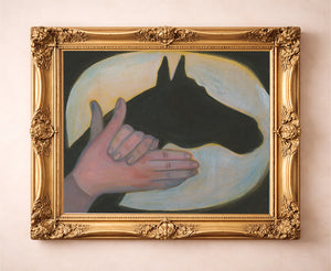 Horse shadow puppet western art print by Caya Crum in a gold frame