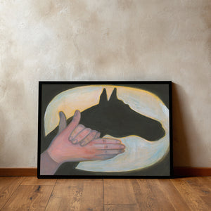 Horse shadow puppet western print by Caya Crum, horizontal frame mockup