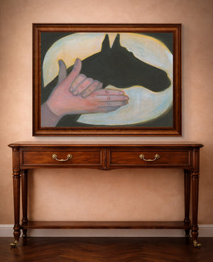 Horse shadow puppet art print by Caya Crum, horizontal frame mockup