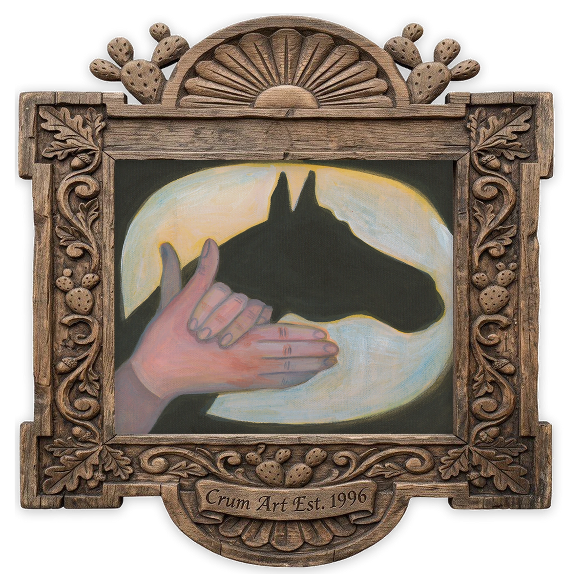 Shadow Puppet — horse art print by Caya Crum in a horizontal carved wood frame