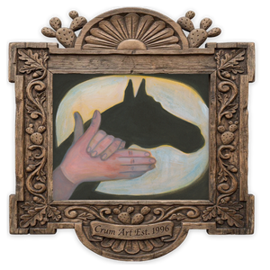 Shadow Puppet — horse art print by Caya Crum in a horizontal carved wood frame
