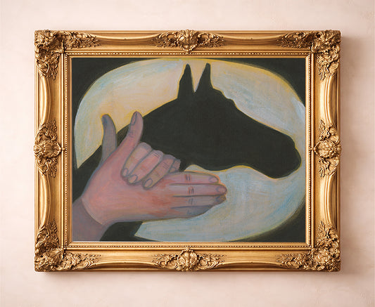Shadow Puppet horse art print by Caya Crum — in a gold frame