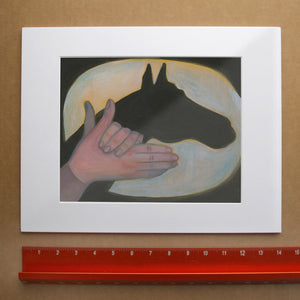 Shadow Puppet horse art print by Caya Crum — horizontal room scene