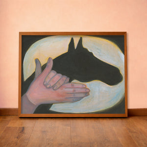 Shadow Puppet horse art print by Caya Crum — horizontal room scene