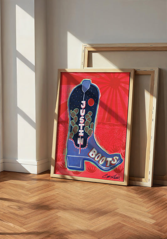 Justin Boot cowboy boot art print by Caya Crum — neutral frame room mockup