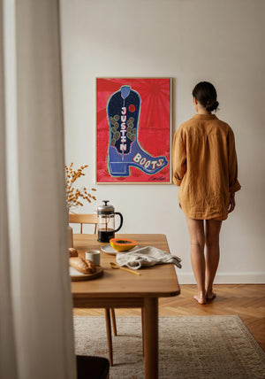 Justin Boot cowboy boot art print by Caya Crum — framed with velvet mat