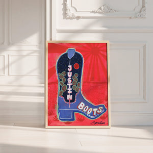 Justin Boot cowboy boot art print by Caya Crum — neutral frame room mockup