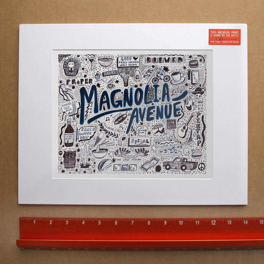 Fort Worth Magnolia Pen & Ink Icons art print on cotton rag paper by Caya Crum with handwritten Magnolia Avenue design and Texas-themed illustrations