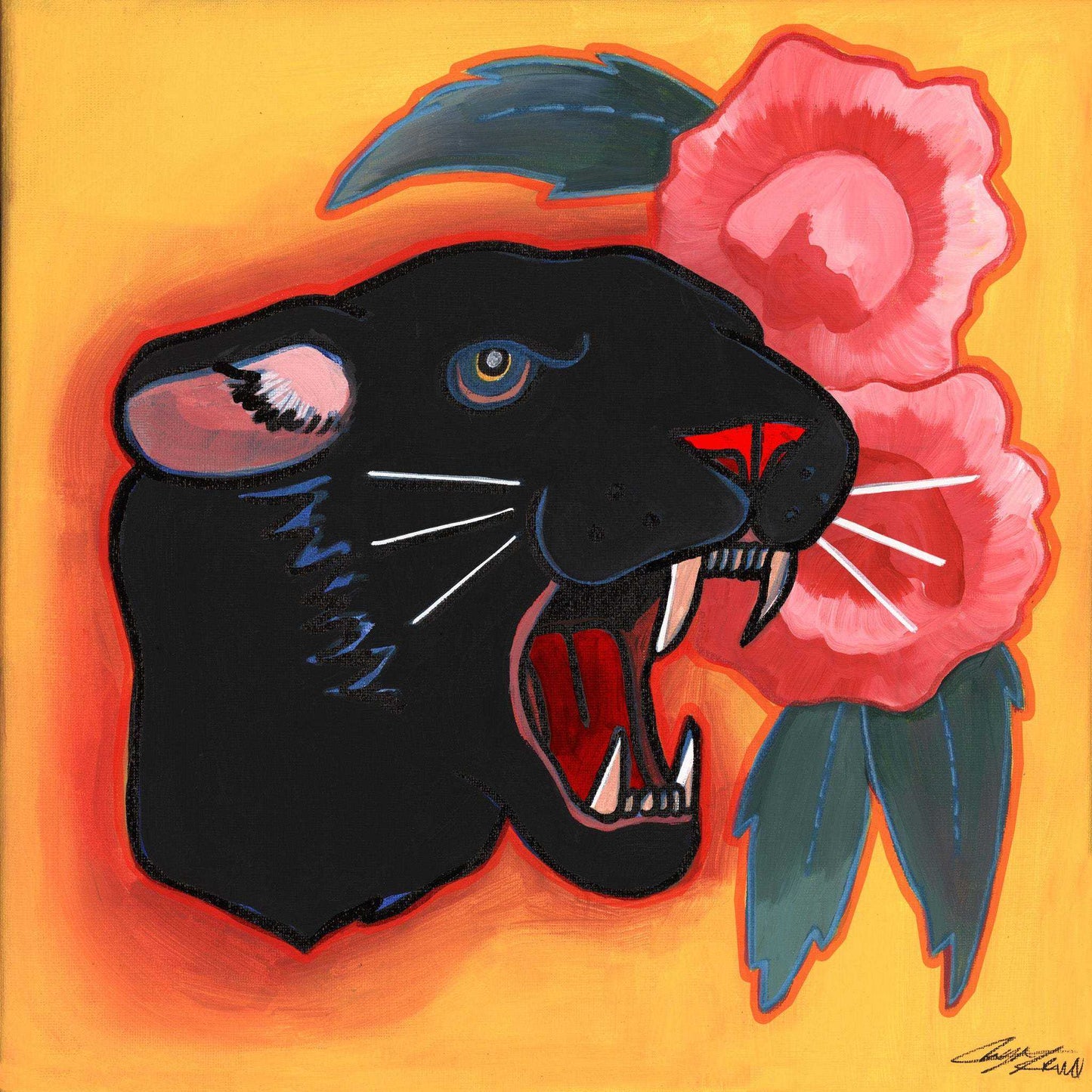 Panther and peony tattoo flash style art print by Caya Crum on cotton rag paper with vibrant colors and bold design