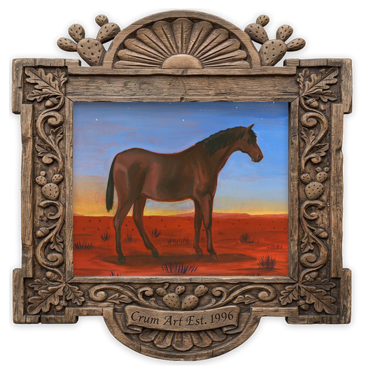 Sunset Horse — horse art print by Caya Crum in a horizontal carved wood frame