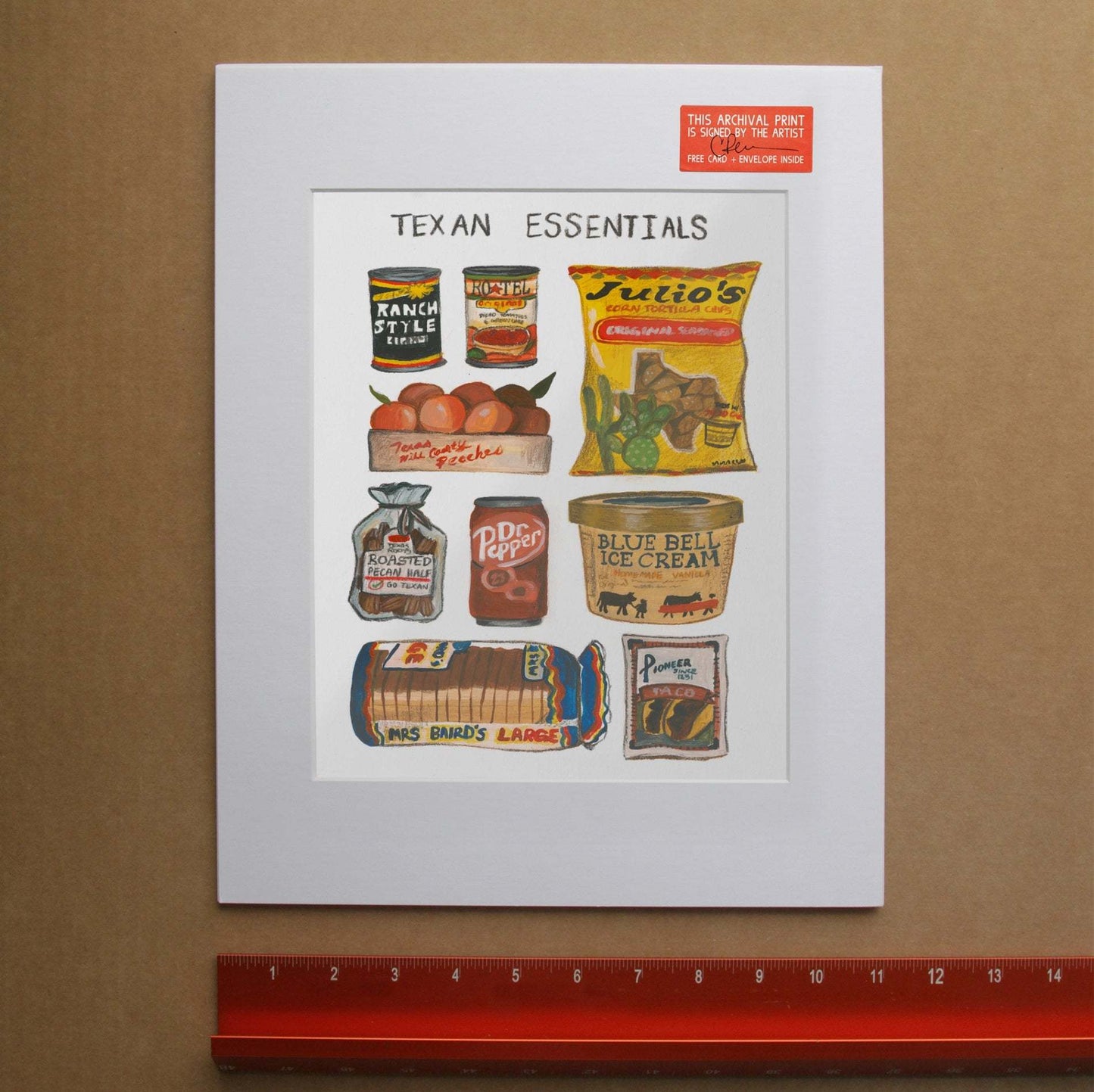 Texas Brand Essentials art print by Caya Crum featuring iconic Texas food items including Ranch Style Beans, Rotel Tomatoes, Julio's Tortilla Chips, Dr. Pepper, Blue Bell Ice Cream, Mrs. Baird's Bread, and Pioneer Taco Seasoning.