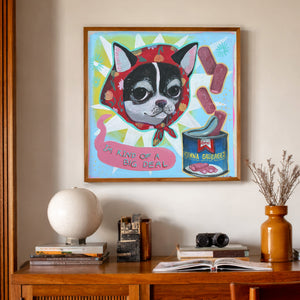 Chihuahua Art Print part pup, part pantry—kitsch-cute Chihuahua energy with a Vienna sausage wink in a midcentury setting available at crumart.com Art by Artist Caya Crum.